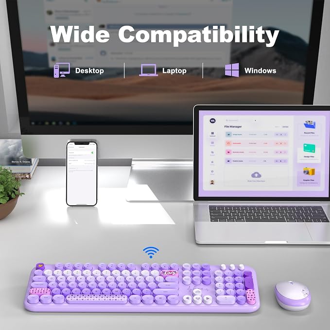 MOFII Wireless Keyboard and Mouse Combo, Full-Size Retro Typewriter-Style Wireless Keyboard with Optical Mouse for Computer/Laptop/Windows/Mac (Purple Mixed)
