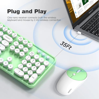MOFII Wireless Keyboard and Mouse Combo, 2.4GHz Full Size Typewriter Keyboard Round Keys, USB Receiver for Laptop, PC, Desktop, Windows (Green White)