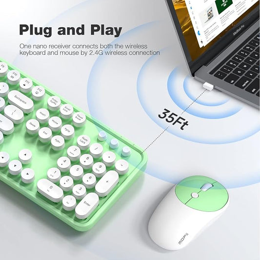 MOFII Wireless Keyboard and Mouse Combo, 2.4GHz Full Size Typewriter Keyboard Round Keys, USB Receiver for Laptop, PC, Desktop, Windows (Green White)
