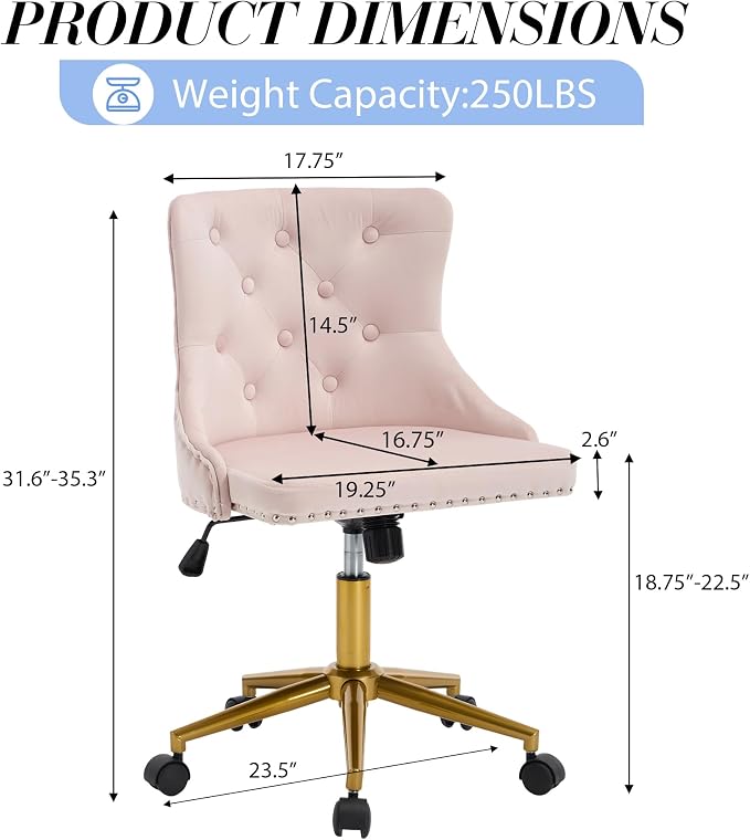 Velvet Armless Home Office Desk Chair, Swivel Height-Adjustable Small Cute Vanity Chair for Women/Girls, Comfy Makeup Chair with Rivet and Gold Base for Living Room, Bedroom(Light Pink)