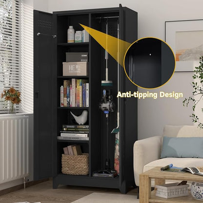 GREATMEET Metal Garage Storage Cabinet, 73" H Broom Closet Storage Cabinet, Locking Utility Cabinet with Doors and Shelves for Garage, Home, Black