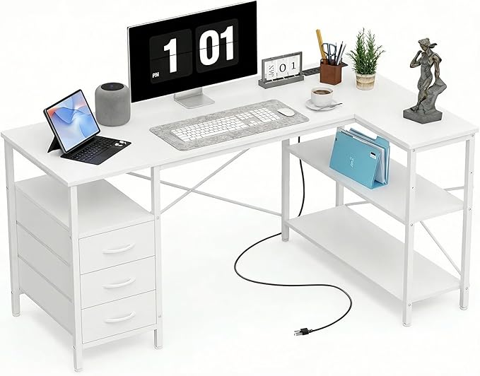 Alpen L Shaped Computer Desk, 55 Inch Corner Desk with Drawers and Power Outlets, Home Office Desk for Gaming, Study Writing PC Table with Storage and Reversible Shelf, White