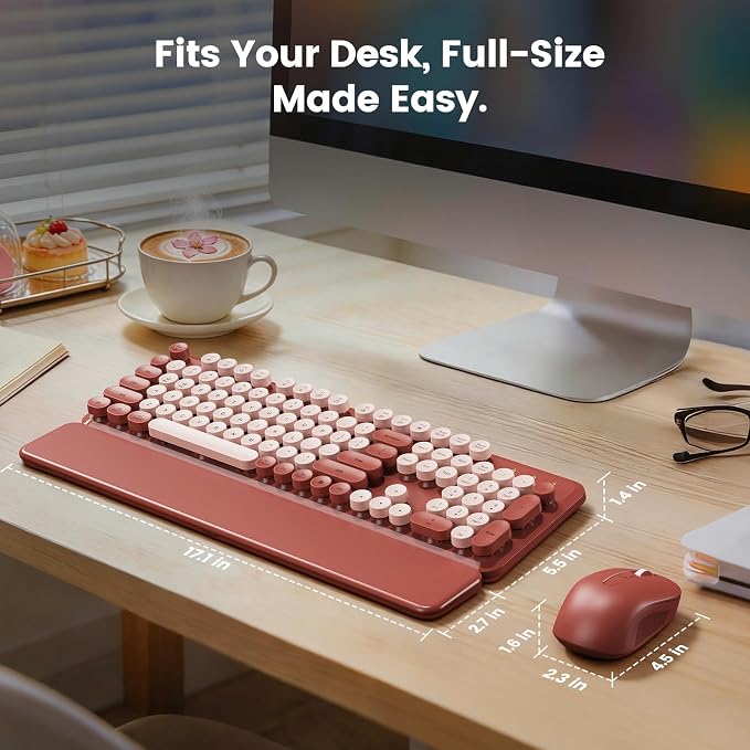 Wireless Keyboard and Mouse Combo with Magnetic Wrist Rest, Round Keycaps, Full-Size Retro Typewriter-Style Keyboard, Two-Stage Tilt Legs, Auto-Sleep, 2.4GHz Wireless for Windows PC Laptop, Wine Red