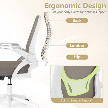 Giantex Mesh Office Chair, Ergonomic Desk Chair with Flip-up Arms & Lumbar Support, Height Adjustable Swivel Computer Desk Chair with High Back for Home Office (Khaki)