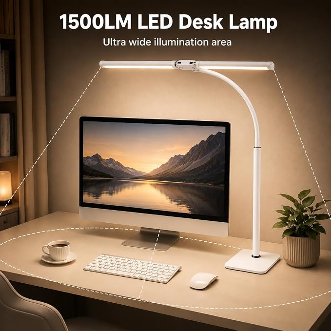 24" Double Head LED Desk Lamp, 15W Wide Architect Desk Light with Base for Home Office, Smart Memory, 360° Flexible Gooseneck Task Lamp, 3 Colors 10 Brightness Tall Monitor Light,White