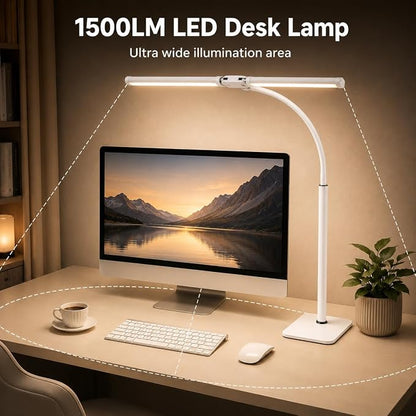 24" Double Head LED Desk Lamp, 15W Wide Architect Desk Light with Base for Home Office, Smart Memory, 360° Flexible Gooseneck Task Lamp, 3 Colors 10 Brightness Tall Monitor Light,White