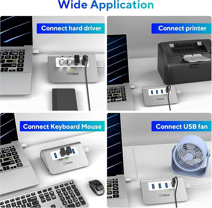 intpw USB 3.0 Hub,Aluminum 4 Port USB Data Hub 3.0 Port Extender Splitter Multiport Adapter with 3.3ft Cable ，USB HUB for PC/Laptop/Xbox/FlashDrive/Printer/Camera/Keyborad/Mouse