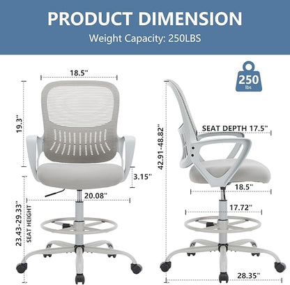 DUMOS Drafting Chair - Ergonomic Tall Office for Standing Desk, Counter with Height Adjustable and Comfortable Lumbar Support, Fixed Armrests, Grey