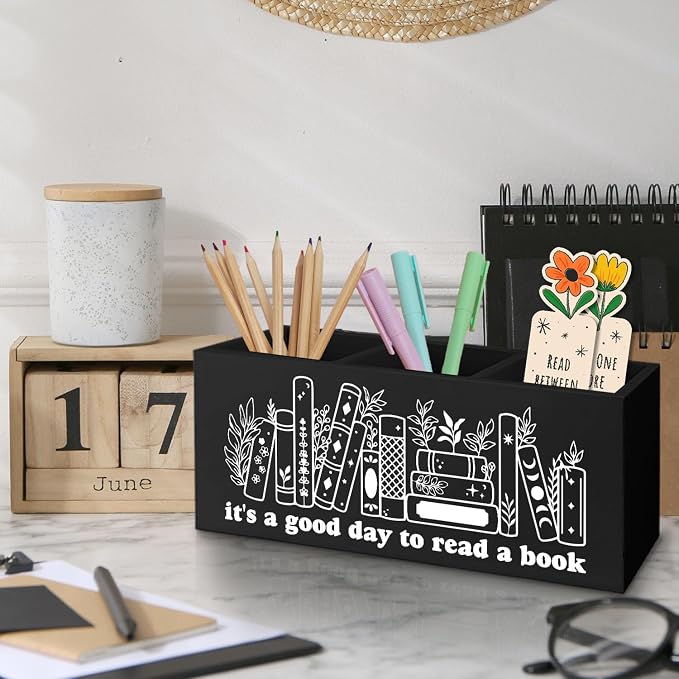 Black Wooden Pen Pencil Bookmark Holder Decor for Desk, Book Club Gifts It's a Good Day to Read a Book Wood Makeup Brush Toothbrush Holder Organizer for Reading Corner Bedroom