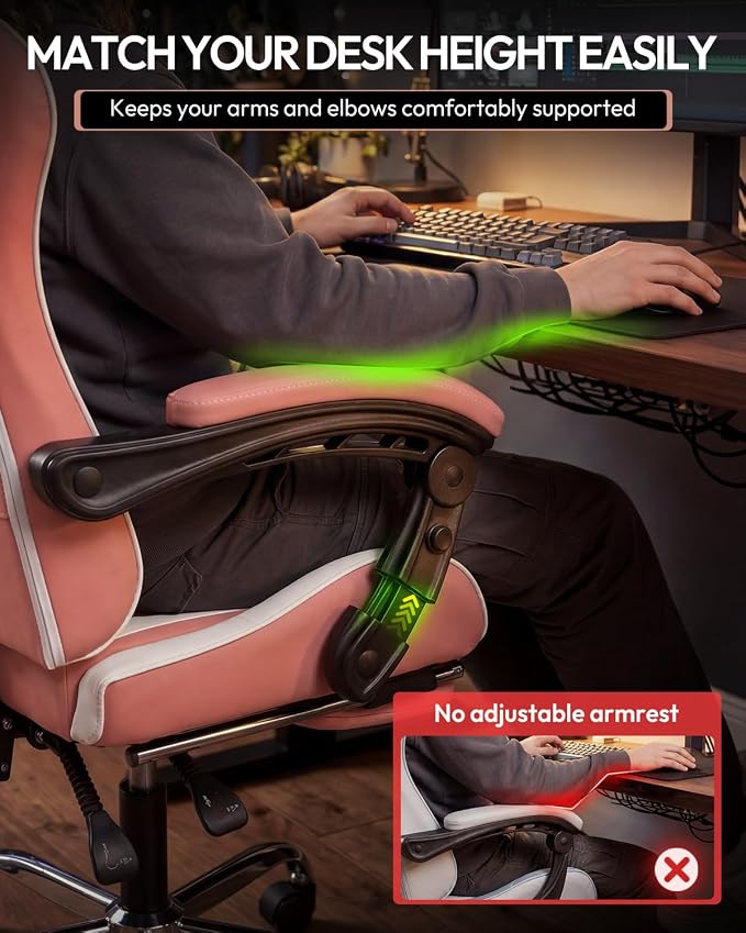 Dowinx Ergonomic Pink Gaming Chair with Footrest & Massage Lumbar, 2D-Linkage Armrests for Cute Aesthetic Esports Chair for Girls, Office, Home and Long Gaming Sessions, Pink