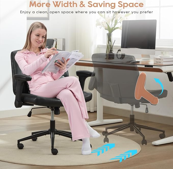 IPKIG Criss Cross Chair with Adjustable Flip-up Arms, Vanity Chair with Wheels, Comfy Desk Chair with Lumbar Pillow Swivel Wide Office Chair for Home Office, Bedroom (PU Leather, Black)