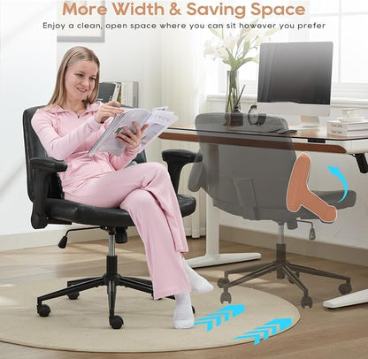 IPKIG Criss Cross Chair with Adjustable Flip-up Arms, Vanity Chair with Wheels, Comfy Desk Chair with Lumbar Pillow Swivel Wide Office Chair for Home Office, Bedroom (PU Leather, Black)