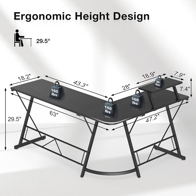 Mr IRONSTONE 63" L Shaped Computer Desk, Corner Desk, Home Office Desk, Gaming Writing Workstation with Large Monitor Stand, Easy to Assemble, Black