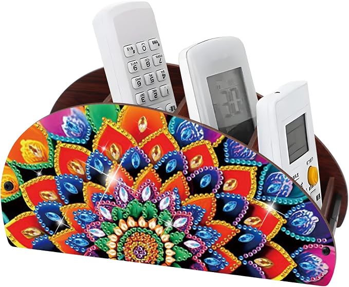 DIY Diamond Painting Storage Box Mandala Design 5D Rhinestone Diamond Art Case Multi-Compartment Wooden Desktop Organizer for TV AC Remotes Makeup Brushes Pens Holder Tabletop Craft Storage