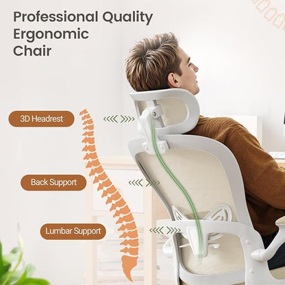 Homall Ergonomic Office Computer Chair，Computer Desk Chair with 3D Headrest Adjustable Lumbar Support，High Back Mesh Chair with Wheels for Office and Working from Home (Beige)