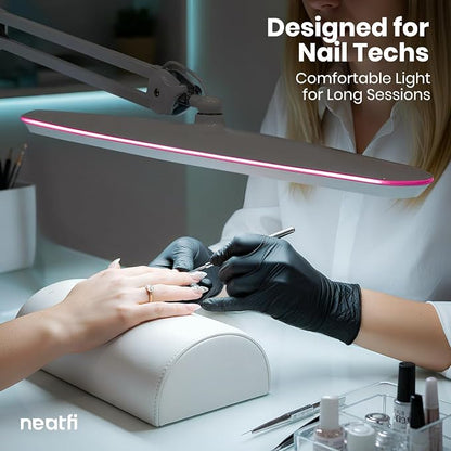 Neatfi XL 2,200 Lumens 24W LED Desk Lamp – 23” Wide Shade | Dimmable Eye-Caring Task Light | Adjustable Arm | Home Office, Study, Crafts & Nail Tech (White with Pink Ring, Non-CCT with Clamp)