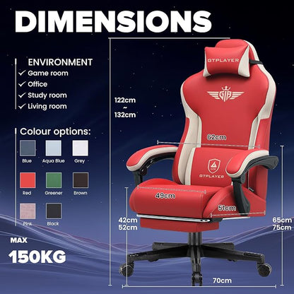 GTPLAYER Gaming Chair, Computer Office Chair Lumbar Support, Linkage Armrests and Footrest, Ergonomic Game Chair for Adults with Extended Backrest, Faux Leather, Red