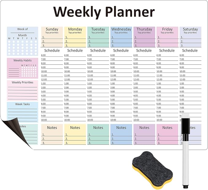 Weekly Hourly Planner Dry Erase Magnetic Whiteboard－Daily Weekly Weekly Planner and Hourly Schedule Checklist－Weekly To Do List Organize Your Daily Work Efficiently