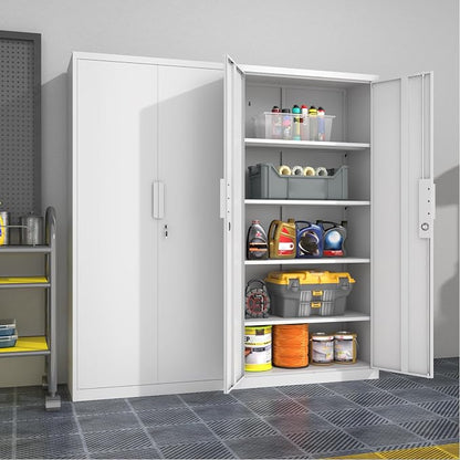 Metal Garage Storage Cabinet with Lock, 72" Tall Steel Storage Locker with 4 Adjustable Shelves, Heavy Duty Metal Cabinet for Garage, Office, Home, White