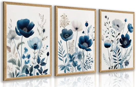 LLEEMPI Navy Blue Floral Wall Art Set of 3, Modern Wildflower Wall Decor, Watercolor Botanical Canvas Paintings, Classic Minimalist Poster Prints for Bedroom Bathroom Office Wood Framed 16x24 Inch