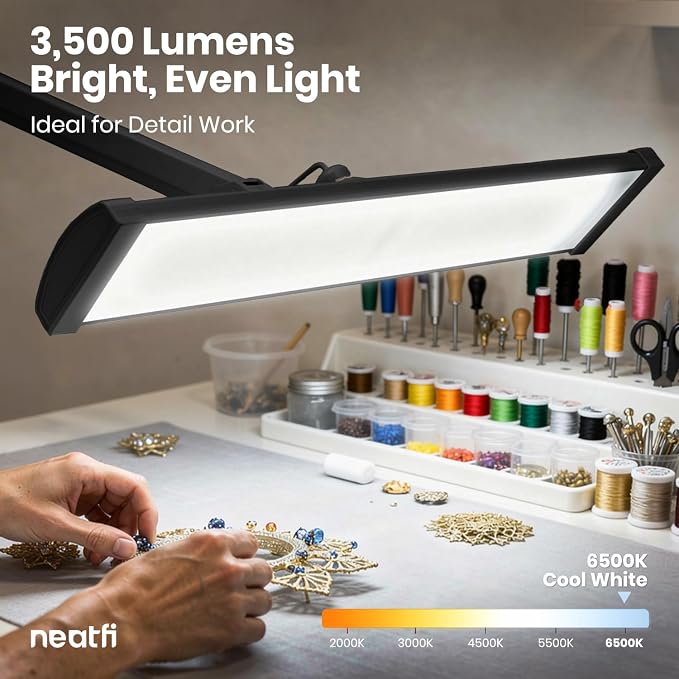 Neatfi Ultra 3,500 Lumens LED Desk Lamp with Clamp – 45W, 270 SMD LEDs, Shadow-Free | Adjustable Brightness | Task Light for Nail, Craft & Office (Black, 26-Inch Wide Shade)