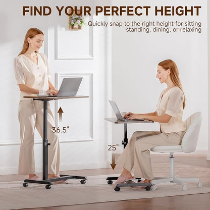 GTPLAYER Small Standing Desk, 24 Inches Foldable Mobile Rolling Laptop PC Table with Lockable Casters, Adjustable Height Overbed Bedside Table Computer Workstation for Home Office, Walnut-Foldable