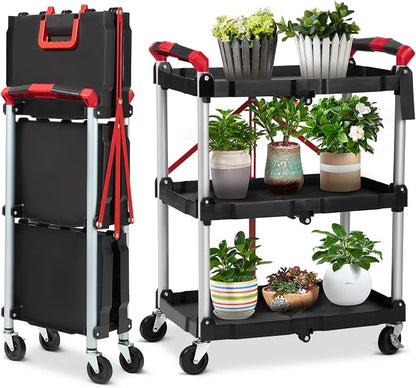 Garvee Collapsible Cart with Wheels, Service Cart, Rolling Carts with Wheels Foldable, 3 Tier Rolling Utility Cart, Folding Utility Shopping Cart for Bar, Kitchen, Office, Shopping, Garage