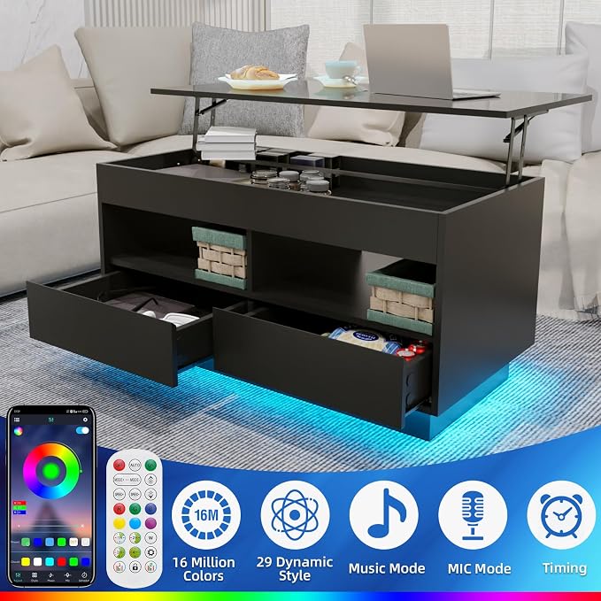 HOMMPA LED Coffee Table with Lift Top Morden Coffee Table with Storage High Gloss Black Sofa Table for Living Room Center Tables Hidden Compartment & 2 Drawers & 2 Open Shelve