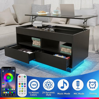 HOMMPA LED Coffee Table with Lift Top Morden Coffee Table with Storage High Gloss Black Sofa Table for Living Room Center Tables Hidden Compartment & 2 Drawers & 2 Open Shelve