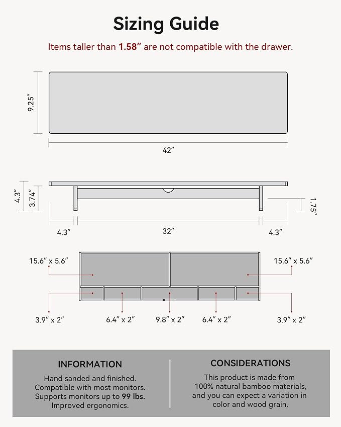 42” Dual Monitor Stand Riser with Large Drawer Keyboard Storage | Double Computer Monitor Riser Shelf for 55-72 Inch Desk Aesthetic Workplace Setup Desktop Organizer Toasted Bamboo
