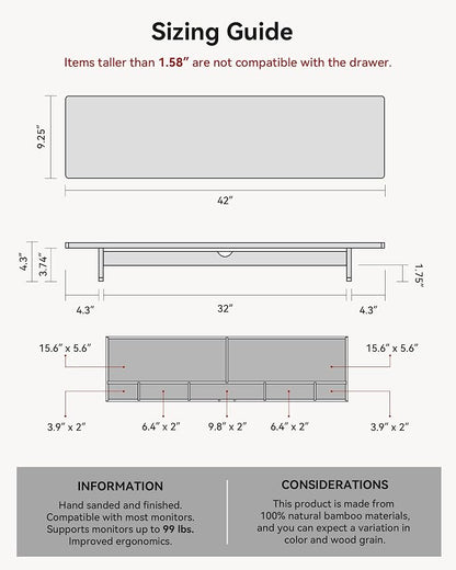 42” Dual Monitor Stand Riser with Large Drawer Keyboard Storage | Double Computer Monitor Riser Shelf for 55-72 Inch Desk Aesthetic Workplace Setup Desktop Organizer Toasted Bamboo