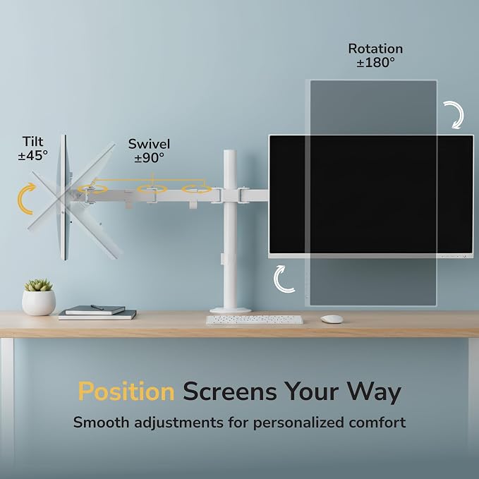 Mount-It Dual Monitor Arm for Desk, Full Motion Steel Mount 17-32 Inch | Holds up to 19.8 lbs per Arm, VESA 75x75 100x100, C-Clamp and Grommet Base, Cable Management, Height Adjustable, White