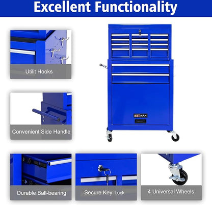 RYH 8 Drawers Rolling Tool Chest & Tool Box on Wheels | Heavy Duty Metal Cart with Ball Bearing Drawers | Fits US General Tool Box for Garage Storage (Blue, 8 Drawers /43.1" H × 24.2" W)