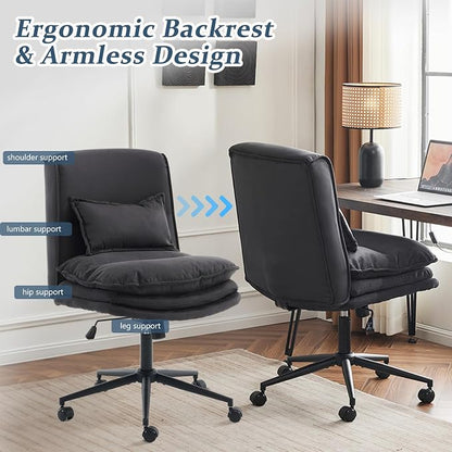 VINGLI Cloud Criss Cross Legged Chair,18" High Back Armless Home Office Desk Chair with Wheels,Wide Adjustable Comfy Padded Seat Task Computer Chair,Modern Swivel Makeup Vanity Chair,Microfiber,Black