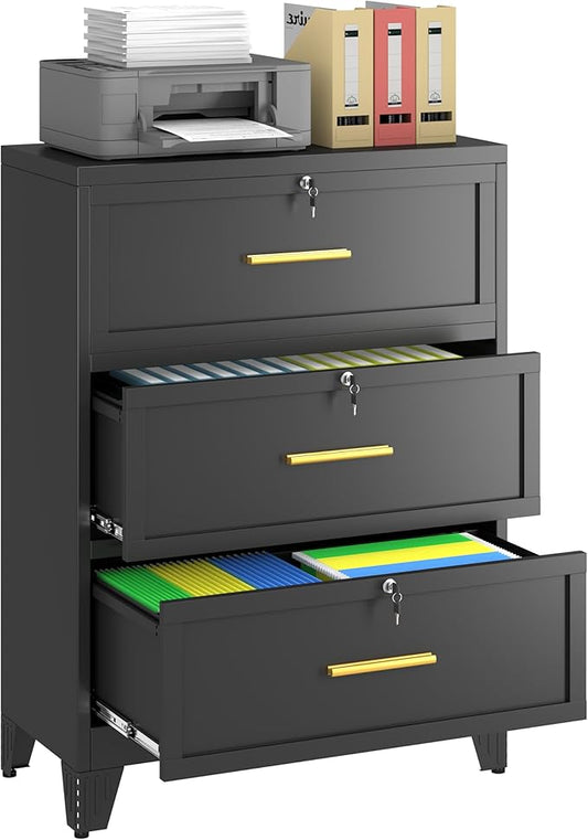 Metal Lateral File Cabinet with Lock,3 Drawer Steel Wide Filing Organization Storage Cabinets for Legal/Letter/A4/F4 Size with Hanging Files&Key,Lockable Printer Stand for Home Office, Black