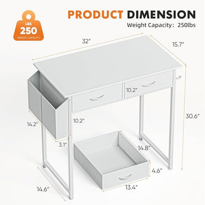 Sweetcrispy 32 Inch Small Computer Desk with Fabric Drawers for Bedroom Home Office, Writing Gaming Desks Study PC Table with Side Bag and Headphone Hook, White