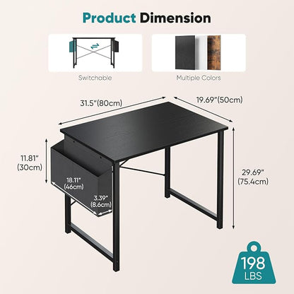 OLIXIS Small Computer Desk, 31 Inch Home Office Desks, Writing Study Craft Work Gaming Table, Computer Workstation for Small Spaces with Storage Bag and Headphone Hook for Bedroom, Black