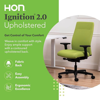 HON Ignition 2.0 Ergonomic Office Chair with Adjustable Arms, Advanced Synchro‑Tilt Recline, Upholstered Desk and Computer Chair for Home Office or Workstation, Black Frame, Pear