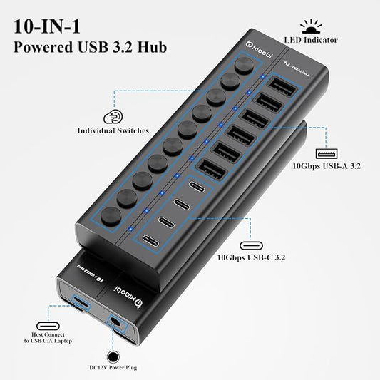 Powered USB Hub, 10-Port USB C Hub with 6 USB-A 3.2, 4 USB-C 3.2 Ports, Individual Switches and 12V/5A Power Adapter, Aluminum USB Extension for MacBook, Laptop/PC and More(Black)