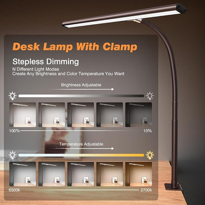 Airlonv LED Desk Lamp for Office Home, Eye-Caring Desk Light with Stepless Dimming Adjustable Flexible Gooseneck, 10W USB Adapter Desk Lamp with Clamp for Reading, Study, Workbench (Brown)