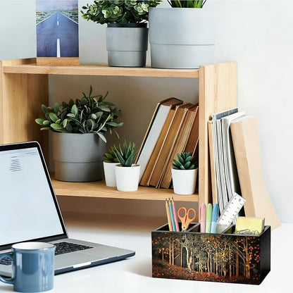 Vintage Forest Landscape Pen Pencil Holder for Desk, Dark Cottagecore Inspired Forest Wooden Box Sign Organizer for Home Office Bedroom Desk Accessories Tabletop Decorations