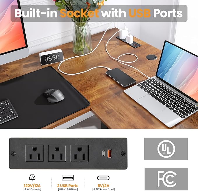 63” L Shaped Standing Desk with Charging Station,Supports Left and Right Swapping,Electric Height Adjustable Corner Stand Up Desk.Free Hook, Lockable Wheels,Mouse Pad,Brown