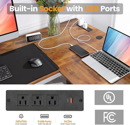 63” L Shaped Standing Desk with Charging Station,Supports Left and Right Swapping,Electric Height Adjustable Corner Stand Up Desk.Free Hook, Lockable Wheels,Mouse Pad,Brown