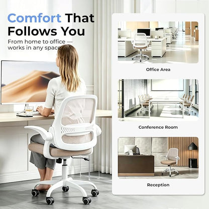 Ergonomic Mesh Office Chair for Home Office, Flip-Up Arms, Breathable Mesh Back & Thick Seat Cushion, Swivel Rolling Computer Desk Chair – BIFMA Certified, Supports 300 lbs (White Frame/Beige Seat)