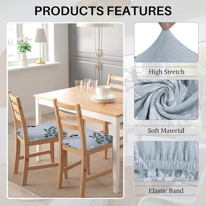 SearchI Water Repellent Seat Covers for Dining Chairs, 6 Pack Jacquard Stretch Dining Room Chair Seat Covers, Kitchen Chair Seat Covers Protectors(Grey Foliage)