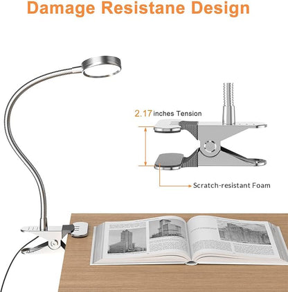 LEPOWER Clip on Light/Reading Light/Book Lights/Desk Lamp Color Changeable/Night Lights Clip on for Desk, Bed Headboard and Computers, Adapter Included, Silver
