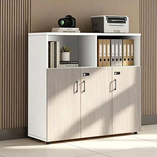 File Cabinet with Password Lock, Wood Lateral Filing Cabinet for Letter/A4 Files, 3 Drawer with Door, Printer Stand with Open Shelves for Home Office