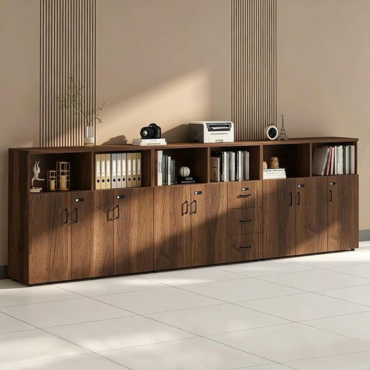File Cabinet with Password Lock, Wood Lateral Filing Cabinet for Letter/A4 Files, 3 Drawer with Door, Printer Stand with Open Shelves for Home Office
