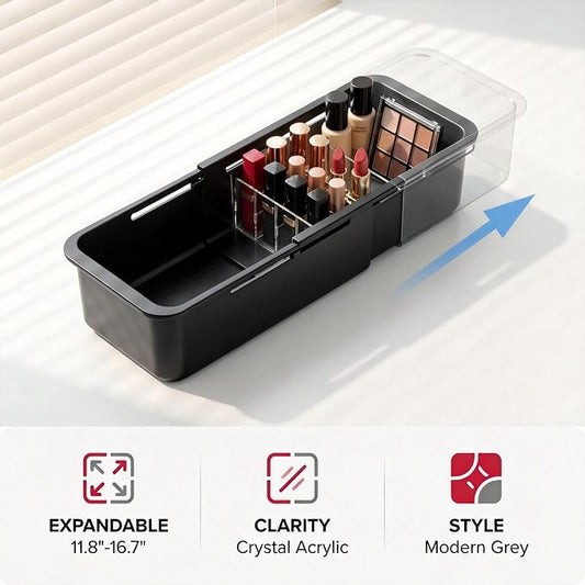 Li&Zhao Drawer Organizer- Adjustable Storage Bins with 5 Dividers, Gray Clear Drawer Organizer for Kitchen, Bedroom, and Office, Expandable clear organizer bins for Makeup, Utensils, and Gadgets