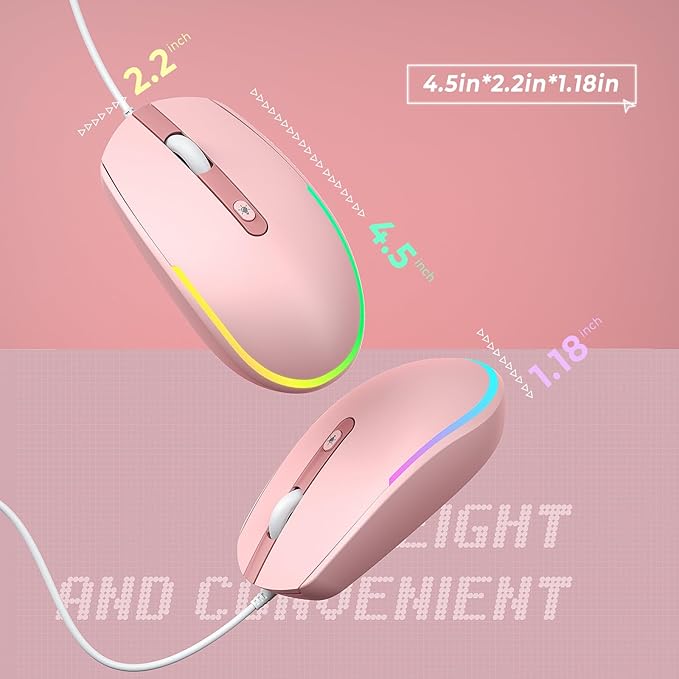 seenda Wired Mouse - USB Corded Mouse with Colorful RGB Backlit, Plug and Play, 1600 DPI Optical Tracking，Silent Computer Mouse for Laptop, PC, Chromebook, Desktop, Office, School, Home, Pink